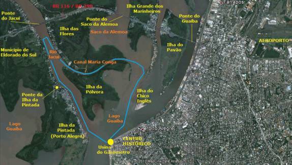 Circuito aproximado do nosso passeio de barco pelo Lago Guaiba, pelo rio Jacuí e nos canais que os interligam. A saída e chegada são próximas da Usina do Gasômetro (foto da internet)